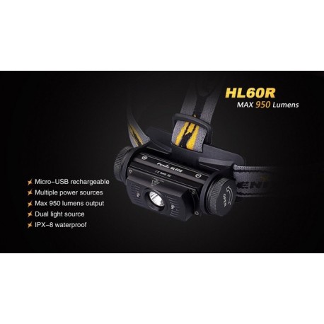 Frontal Led Fénix HL60R 950 Lúmenes (micro usb recargable-incluye batería 18650)