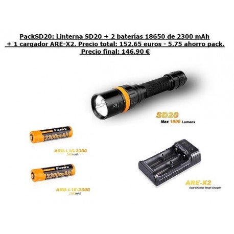 PackSD20 submarinismo (Fénix Sd20 1000 Lúmens + 2 x 18650 ARB-L18-2300 + 1 X ARE-X2)