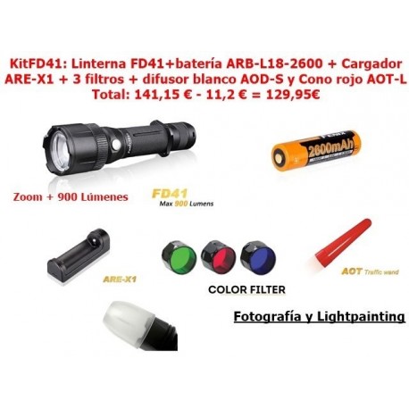 PackFD41: Linterna FD41 + batería ARB-L18-2600 + Cargador ARE-X1 + 3 filtros + Cono Rojo AOT-L + Difusor AOD-M