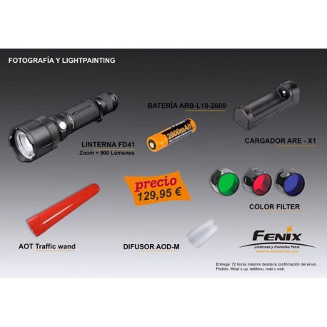 PackFD41: Linterna FD41 + batería ARB-L18-2600 + Cargador ARE-X1 + 3 filtros + Cono Rojo AOT-L + Difusor AOD-M