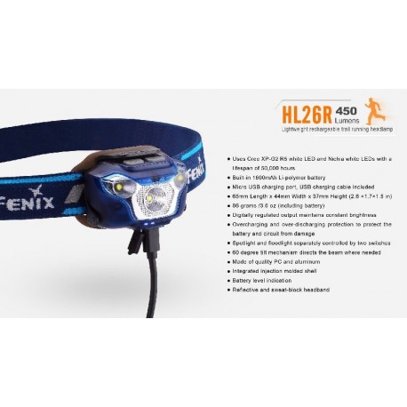 Frontal Led Fénix HL26R 450 Lúmenes (micro usb recargable-incluye batería)