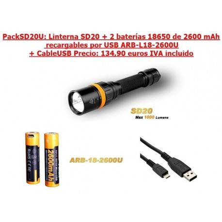 PACKSD20U: Linterna SD20 + 2 x ARB-L18-2600U + CableUSB
