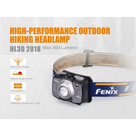Frontal Fénix HL30 Gris 300 Lúmenes (2XAA)