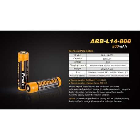 Pila 14500 Arb-L14-800 Recargable De Fenix 800 Mah