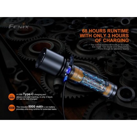 Linterna Fénix C7 de 3000 lúmenes, recargable y alto rendimiento.